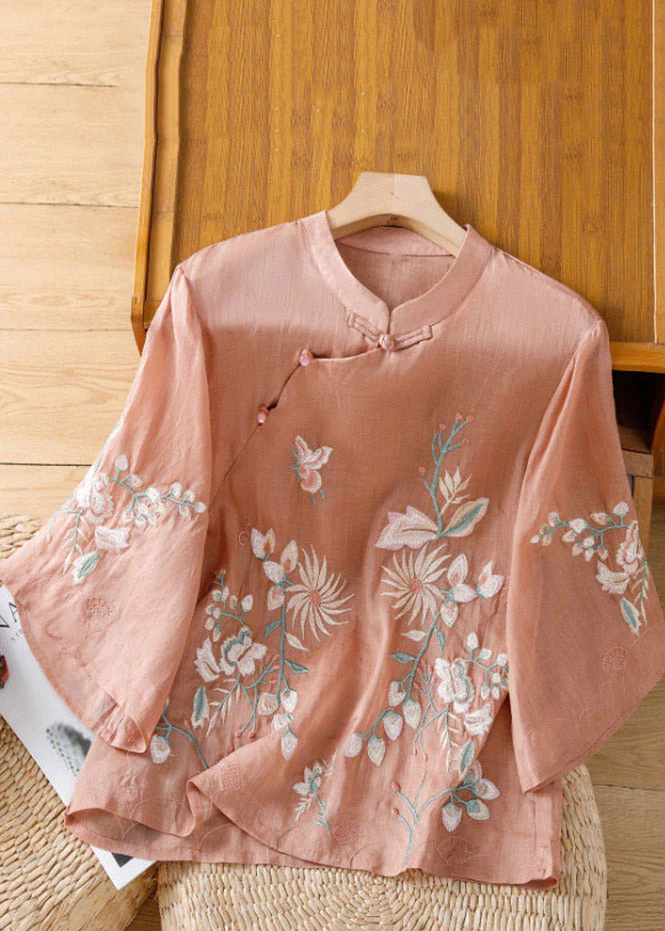 Chinese Style Apricot Embroidered Floral Button Shirt Spring - Image 3