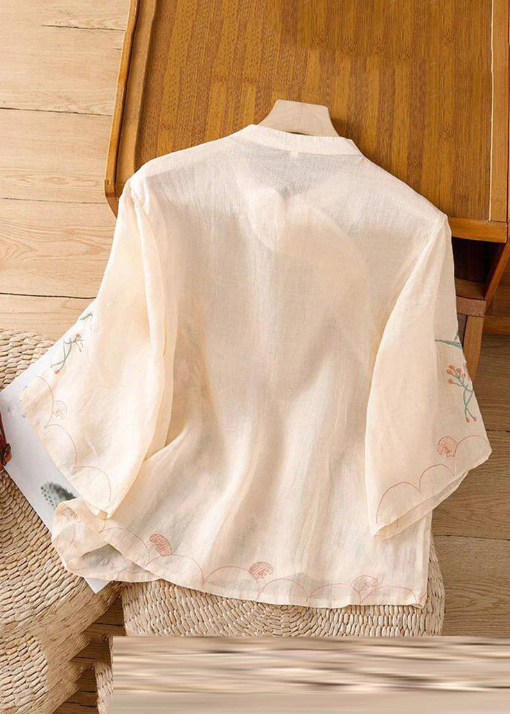 Chinese Style Apricot Embroidered Floral Button Shirt Spring - Image 4