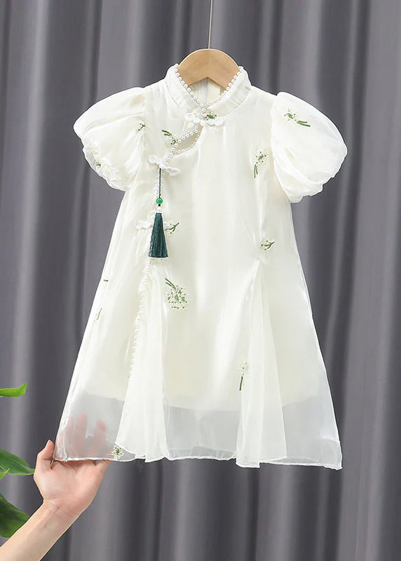 Chinese Style Apricot Embroideried Nail Bead Girls Chiffon Long Dress Summer - Image 2
