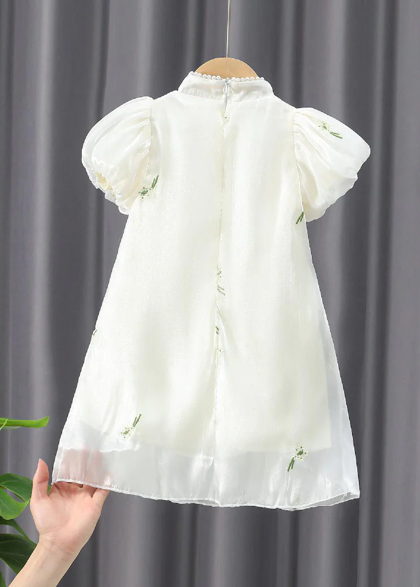 Chinese Style Apricot Embroideried Nail Bead Girls Chiffon Long Dress Summer - Image 3
