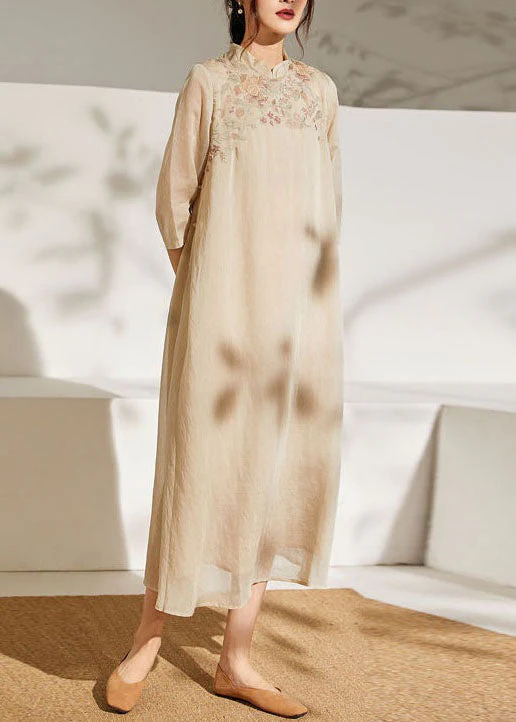 Chinese Style Apricot Stand Collar Embroideried Patchwork Silk Dress Summer - Image 3