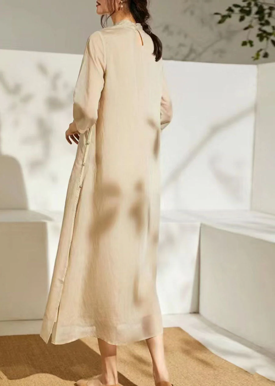 Chinese Style Apricot Stand Collar Embroideried Patchwork Silk Dress Summer - Image 4