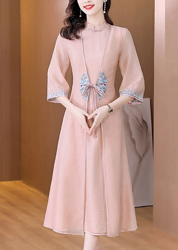 Chinese Style Apricot Stand Collar Embroidered Patchwork Tie Waist Silk Maxi Dress Long Sleeve - Image 2