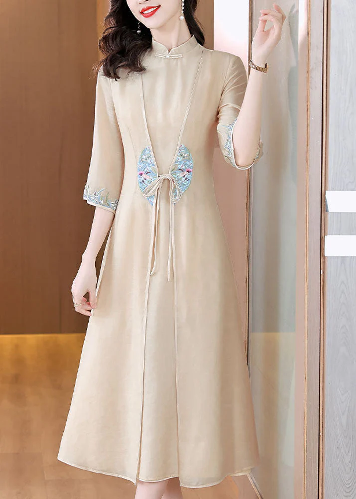 Chinese Style Apricot Stand Collar Embroidered Patchwork Tie Waist Silk Maxi Dress Long Sleeve - Image 3