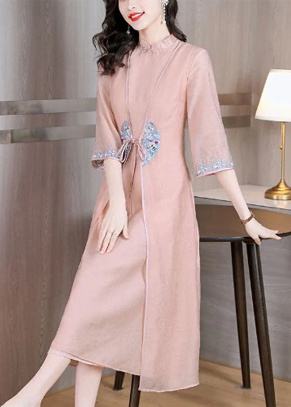 Chinese Style Apricot Stand Collar Embroidered Patchwork Tie Waist Silk Maxi Dress Long Sleeve - Image 4
