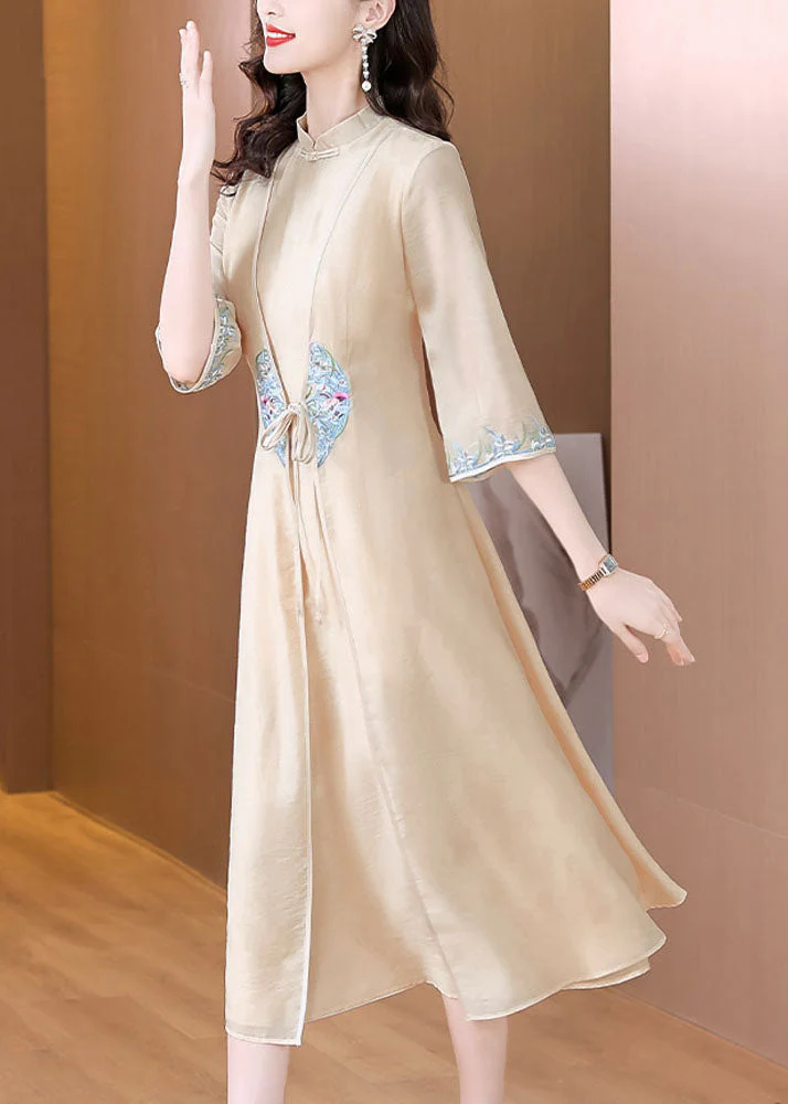 Chinese Style Apricot Stand Collar Embroidered Patchwork Tie Waist Silk Maxi Dress Long Sleeve - Image 5