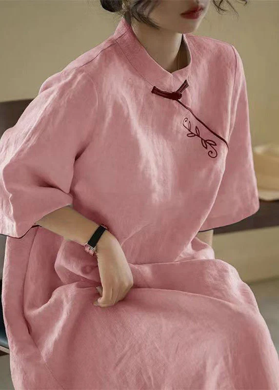 Chinese Style Apricot Stand Collar Tie Waist Long Dress Fall - Image 2