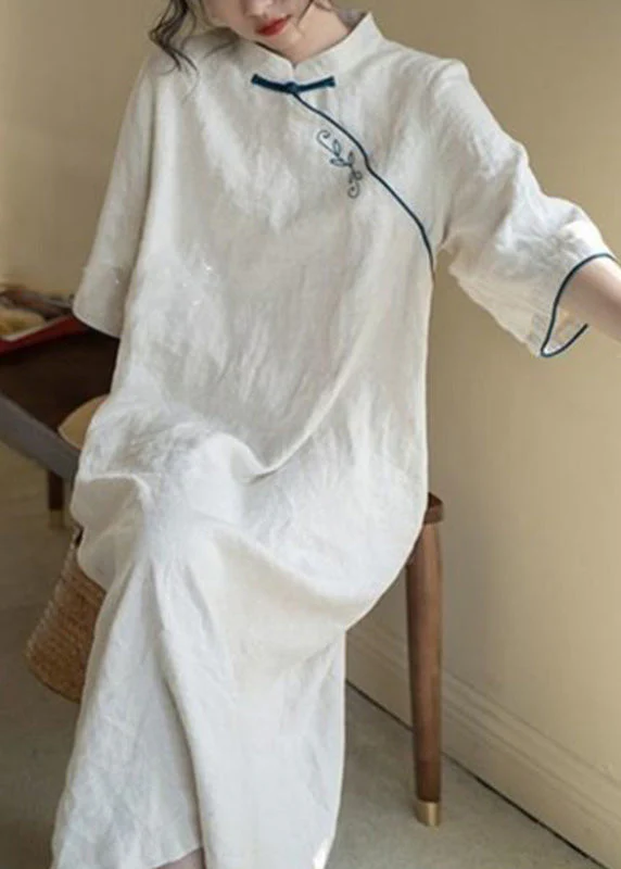 Chinese Style Apricot Stand Collar Tie Waist Long Dress Fall - Image 3
