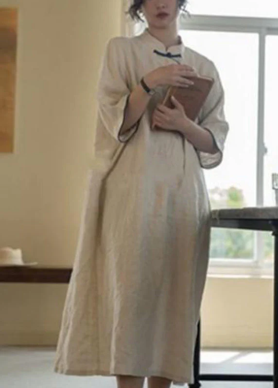 Chinese Style Apricot Stand Collar Tie Waist Long Dress Fall - Image 4