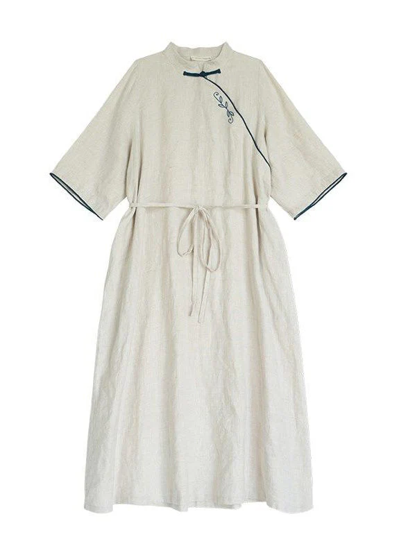 Chinese Style Apricot Stand Collar Tie Waist Long Dress Fall - Image 5