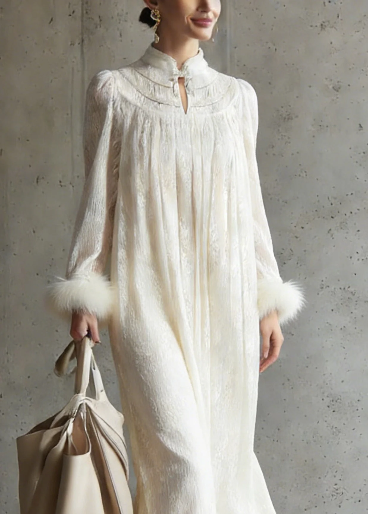 Chinese Style Apricot Wrinkled Fur Patchwork Lace Dress Spring - Image 2