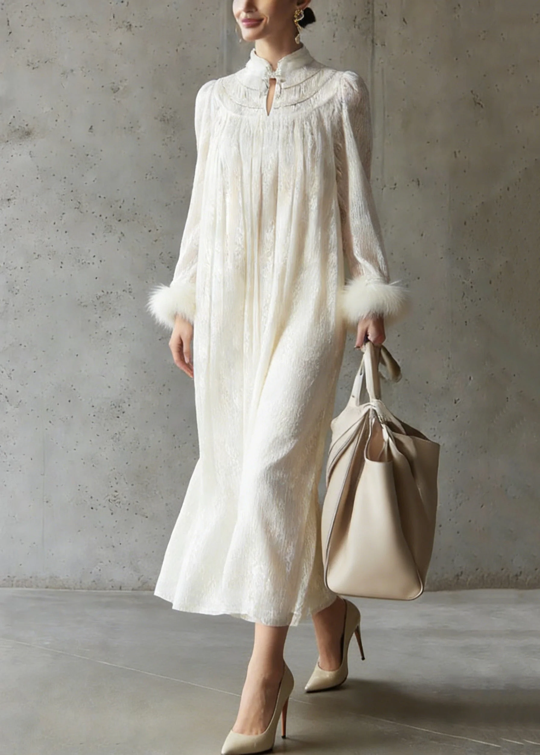 Chinese Style Apricot Wrinkled Fur Patchwork Lace Dress Spring - Image 3