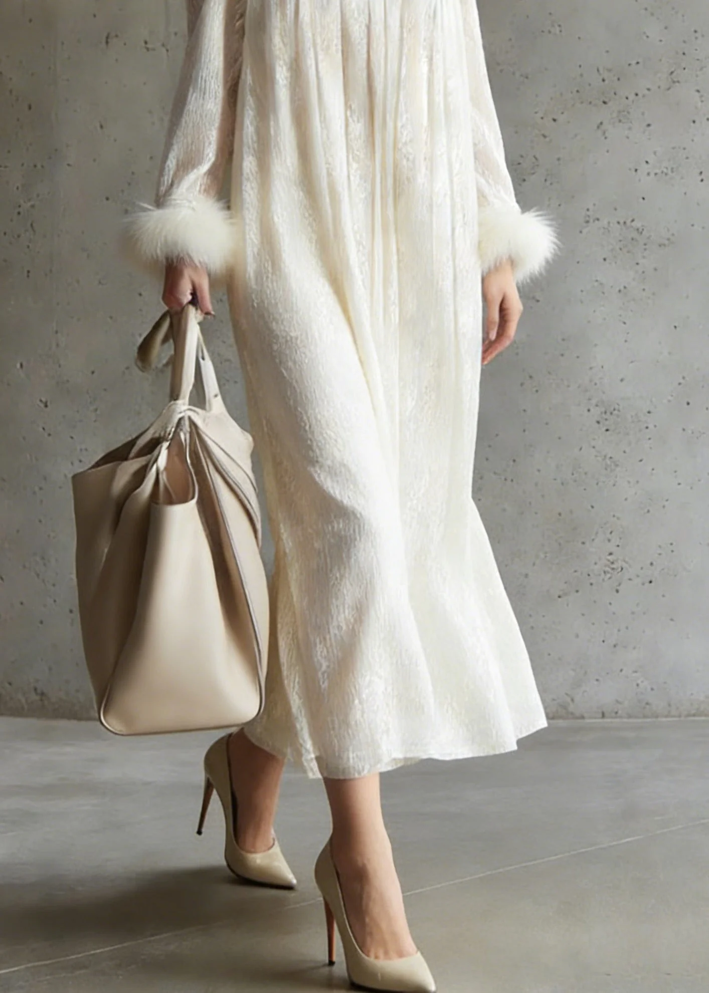 Chinese Style Apricot Wrinkled Fur Patchwork Lace Dress Spring - Image 4