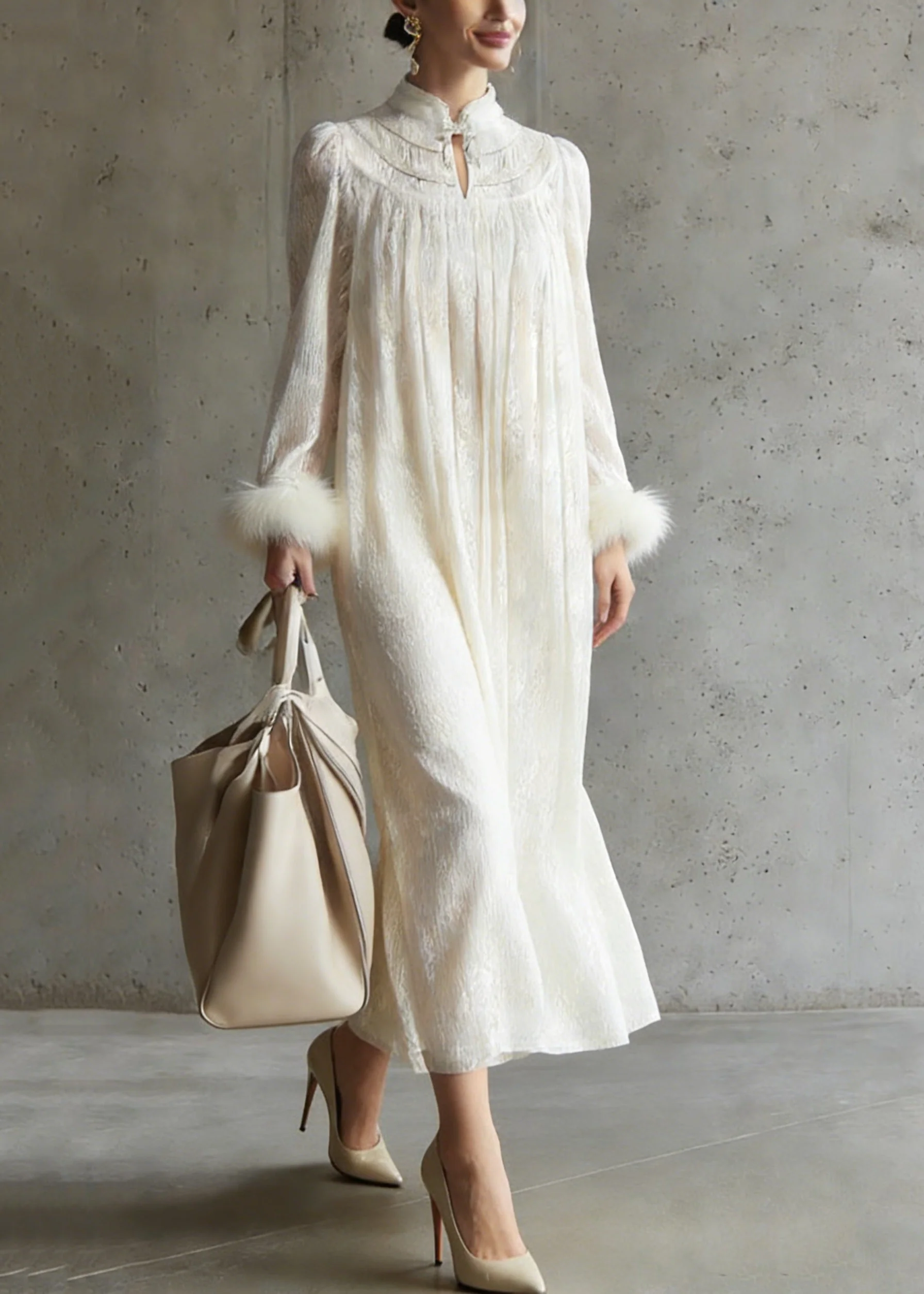 Chinese Style Apricot Wrinkled Fur Patchwork Lace Dress Spring - Image 5