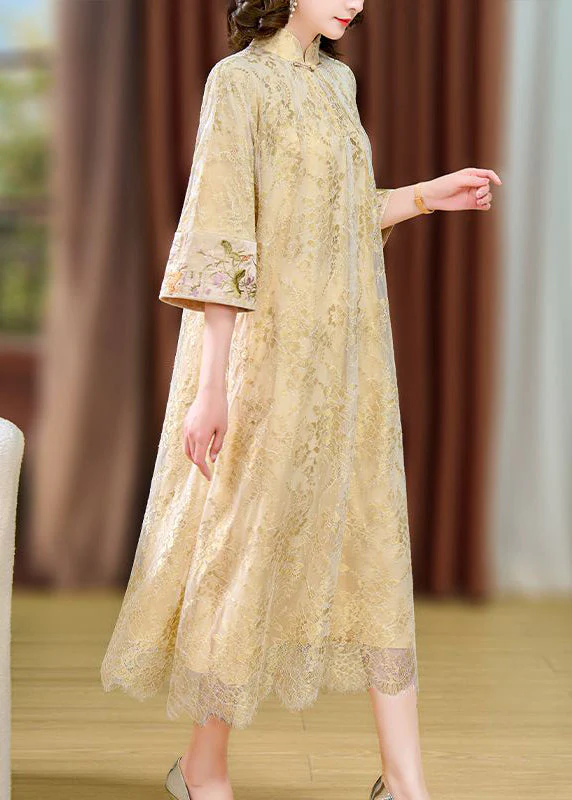 Chinese Style Beige Mandarin Collar Chinese Button Lace Dresses Summer - Image 3