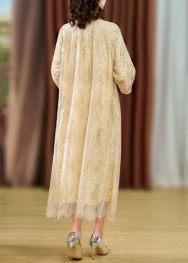 Chinese Style Beige Mandarin Collar Chinese Button Lace Dresses Summer - Image 4
