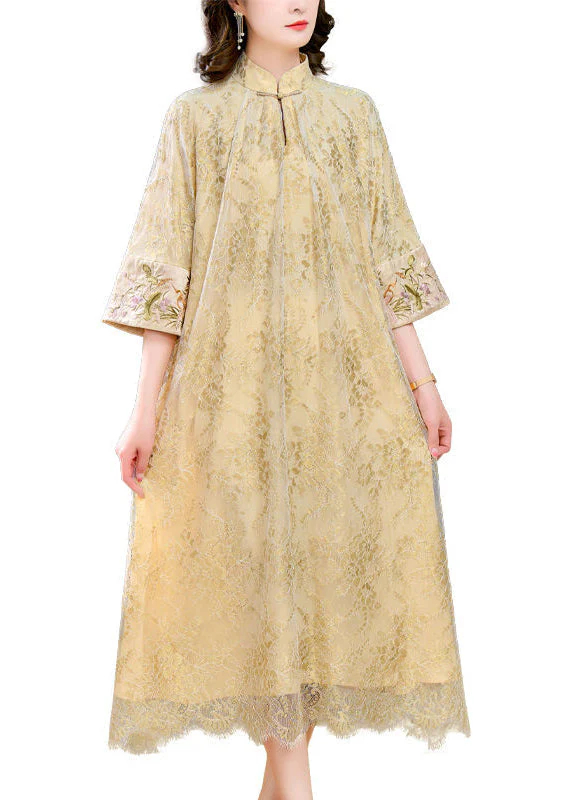 Chinese Style Beige Mandarin Collar Chinese Button Lace Dresses Summer - Image 5