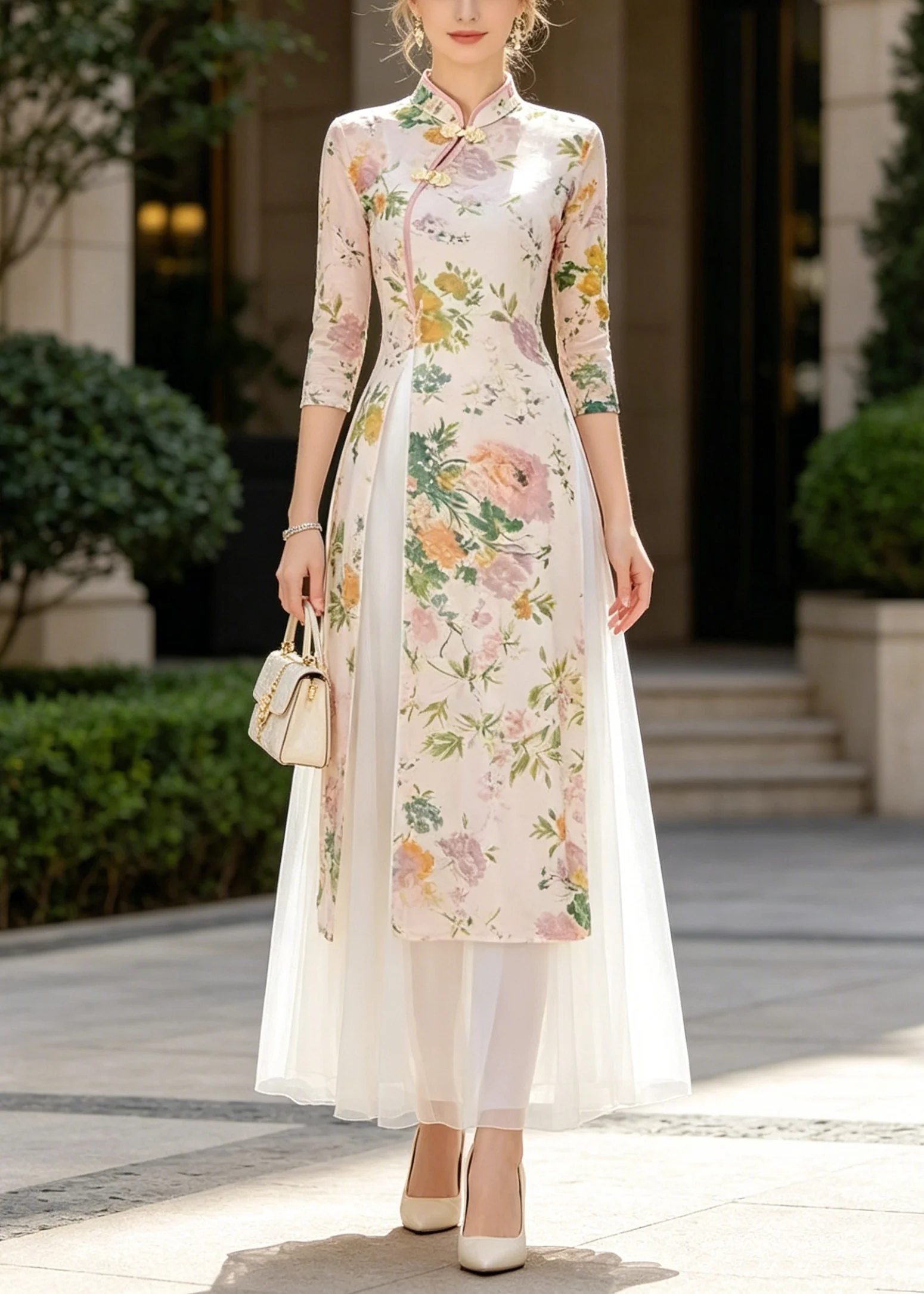 Chinese Style Beige Print Side Open Chiffon Two-Piece Set Summer