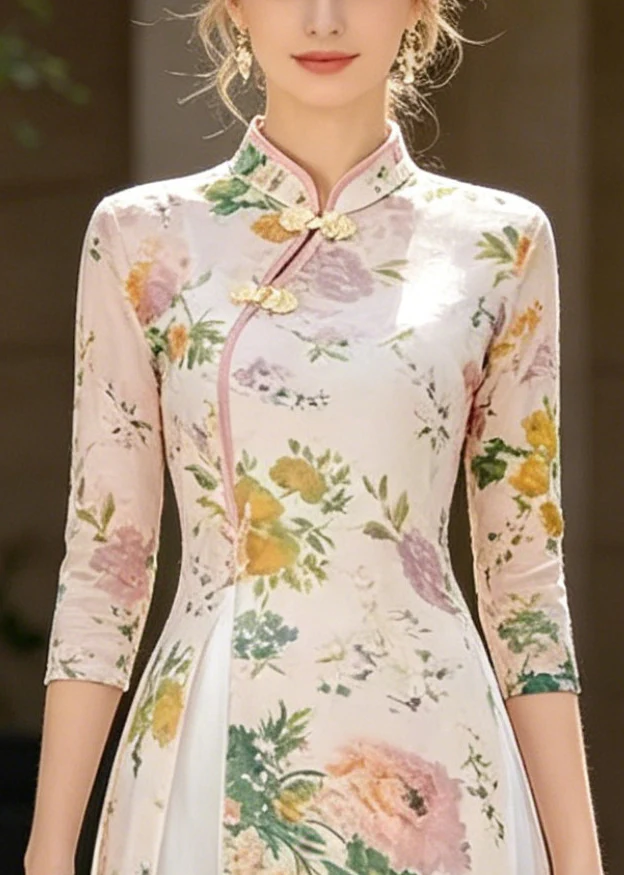 Chinese Style Beige Print Side Open Chiffon Two-Piece Set Summer - Image 2