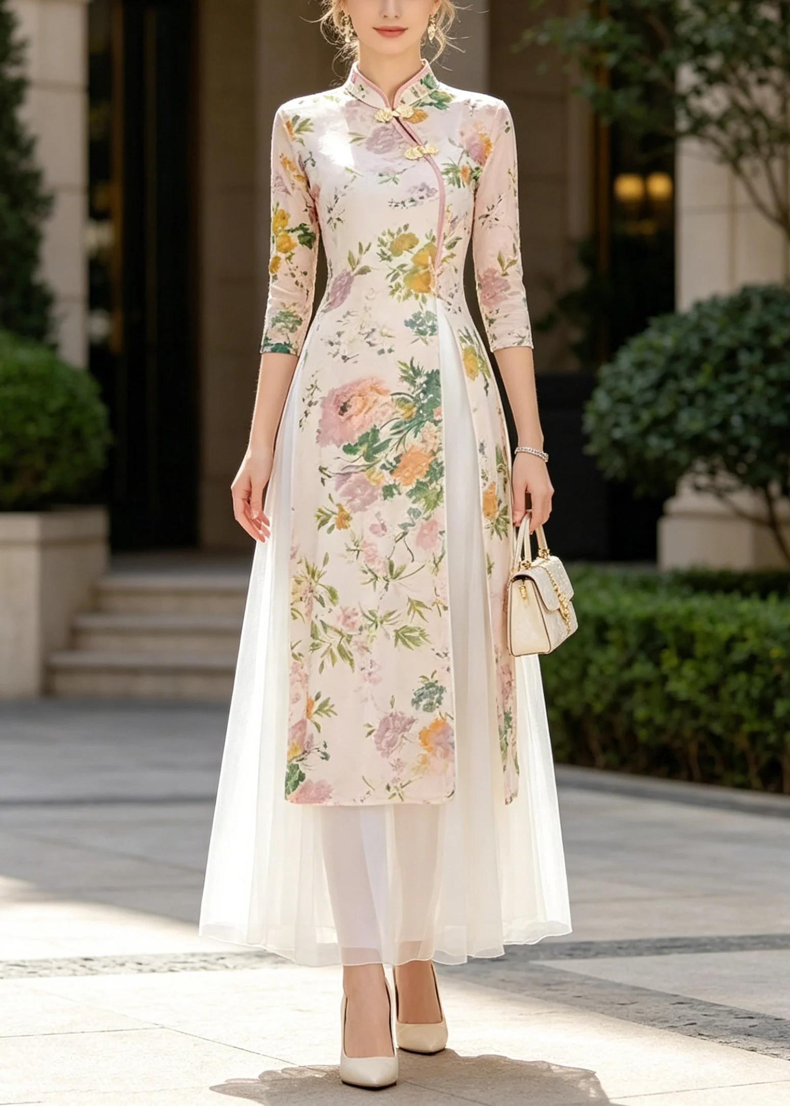 Chinese Style Beige Print Side Open Chiffon Two-Piece Set Summer - Image 3