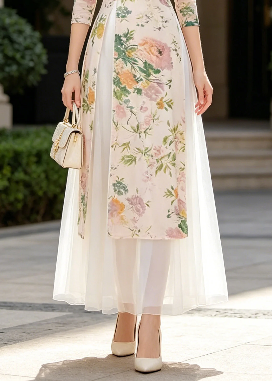 Chinese Style Beige Print Side Open Chiffon Two-Piece Set Summer - Image 4