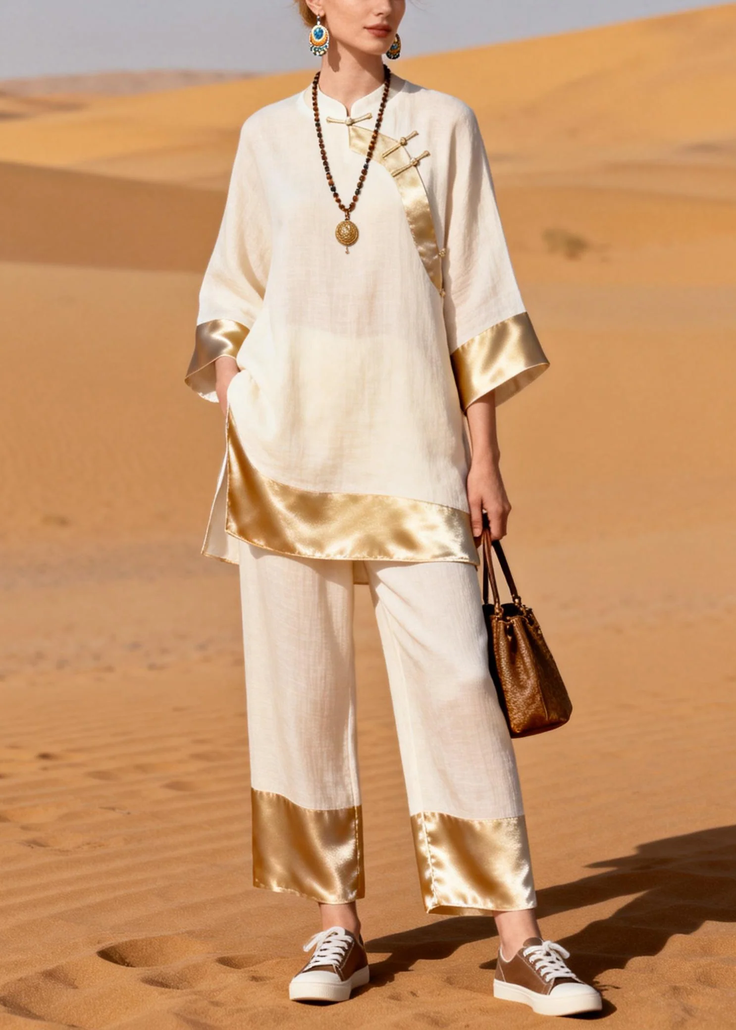 Chinese Style Beige Side Open Silk Patchwork Two Pieces Set Stand Collar Bracelet Sleeve - Image 3