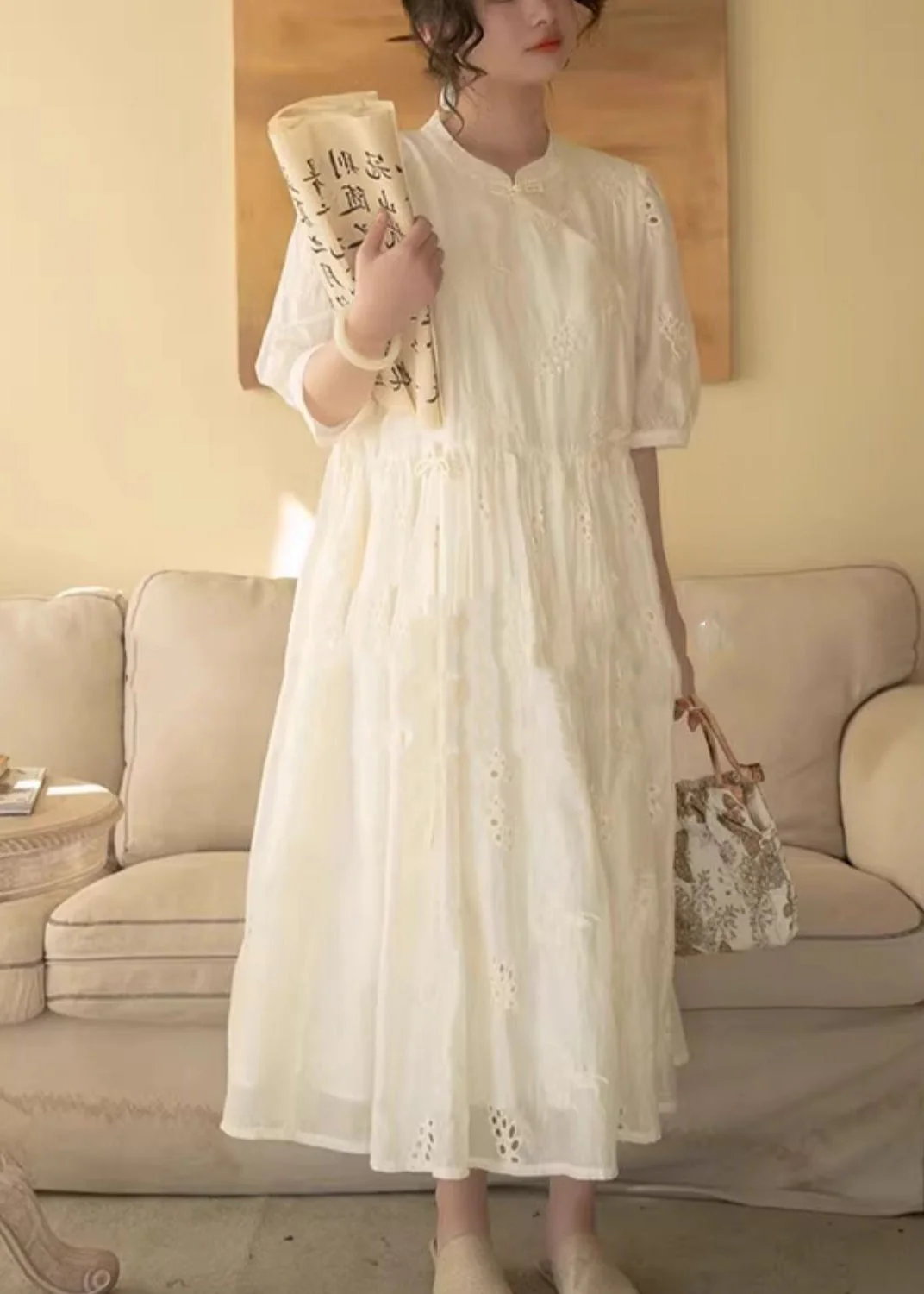 Chinese Style Beige Stand Collar Hollow Out Embroidered Cotton Dresses Summer - Image 3