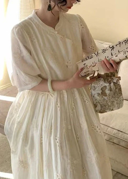 Chinese Style Beige Stand Collar Hollow Out Embroidered Cotton Dresses Summer - Image 4
