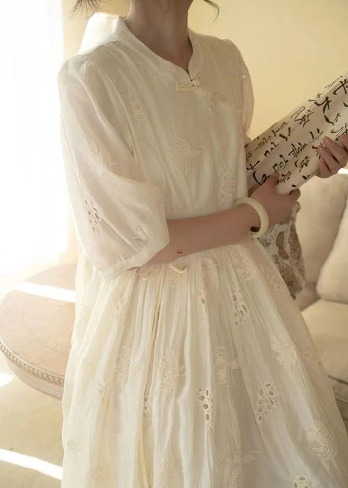 Chinese Style Beige Stand Collar Hollow Out Embroidered Cotton Dresses Summer - Image 5