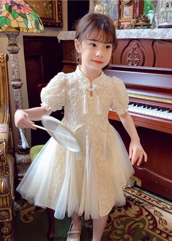 Chinese Style Beige Stand Collar Nail Bead Tulle Girls Maxi Dress Summer - Image 2