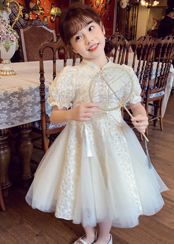 Chinese Style Beige Stand Collar Nail Bead Tulle Girls Maxi Dress Summer - Image 3