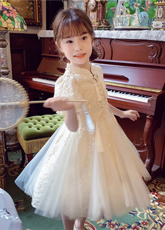 Chinese Style Beige Stand Collar Nail Bead Tulle Girls Maxi Dress Summer - Image 4