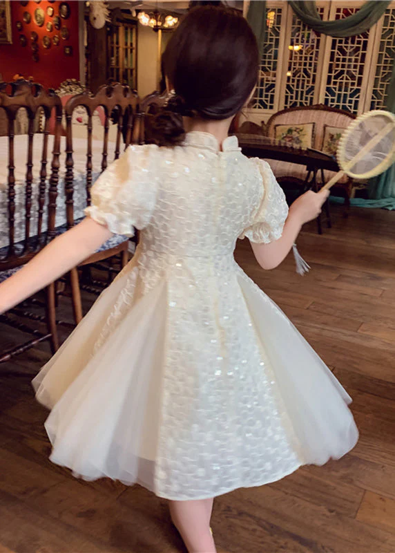 Chinese Style Beige Stand Collar Nail Bead Tulle Girls Maxi Dress Summer - Image 5