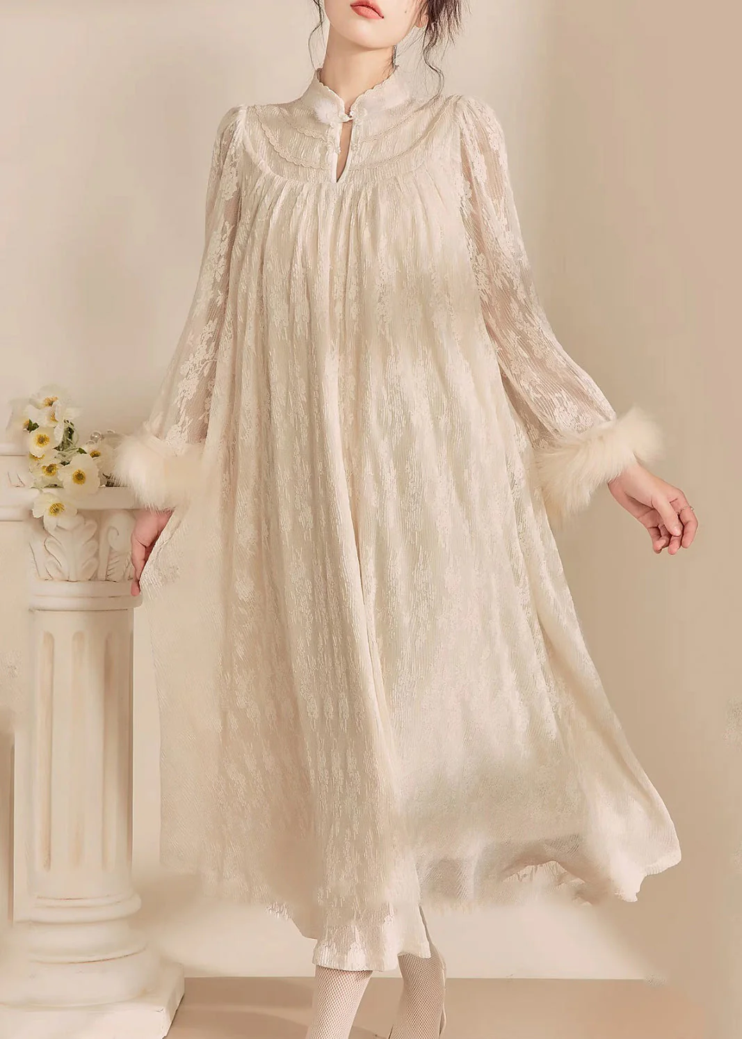 Chinese Style Beige Stand Collar Patchwork Button Long Dress Spring - Image 3