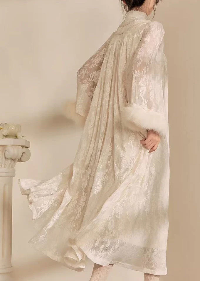 Chinese Style Beige Stand Collar Patchwork Button Long Dress Spring - Image 4