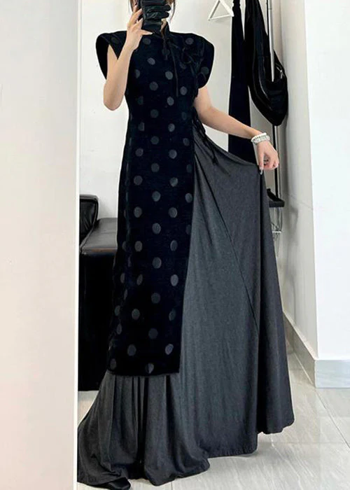 Chinese Style Black Asymmetrical Lace Up Cotton Dress Summer - Image 3
