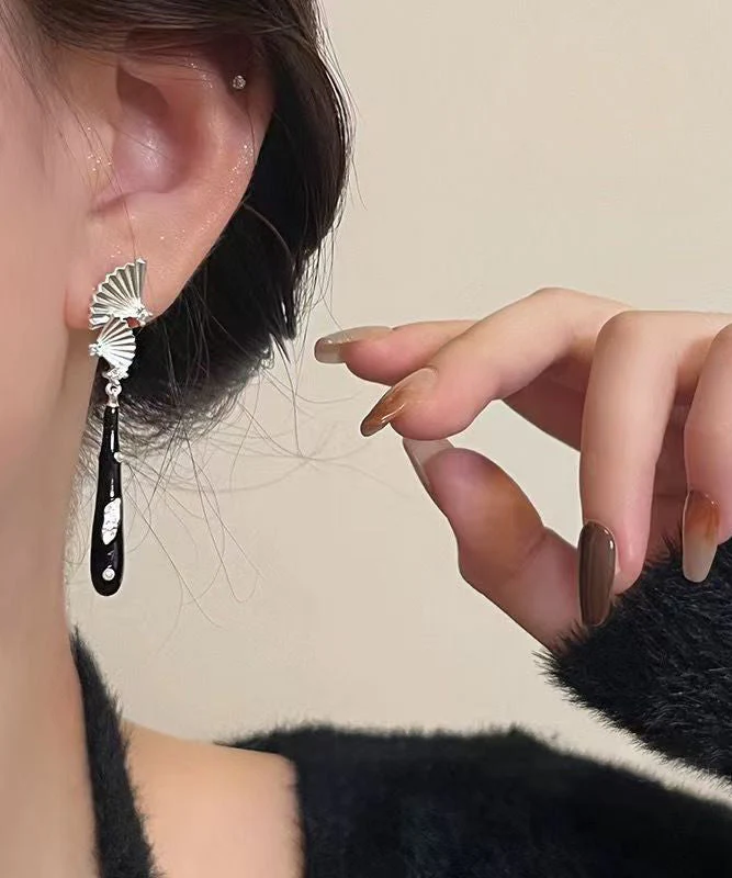 Chinese Style Black Copper Dripping Glaze Sector Drop Earrings - Image 5