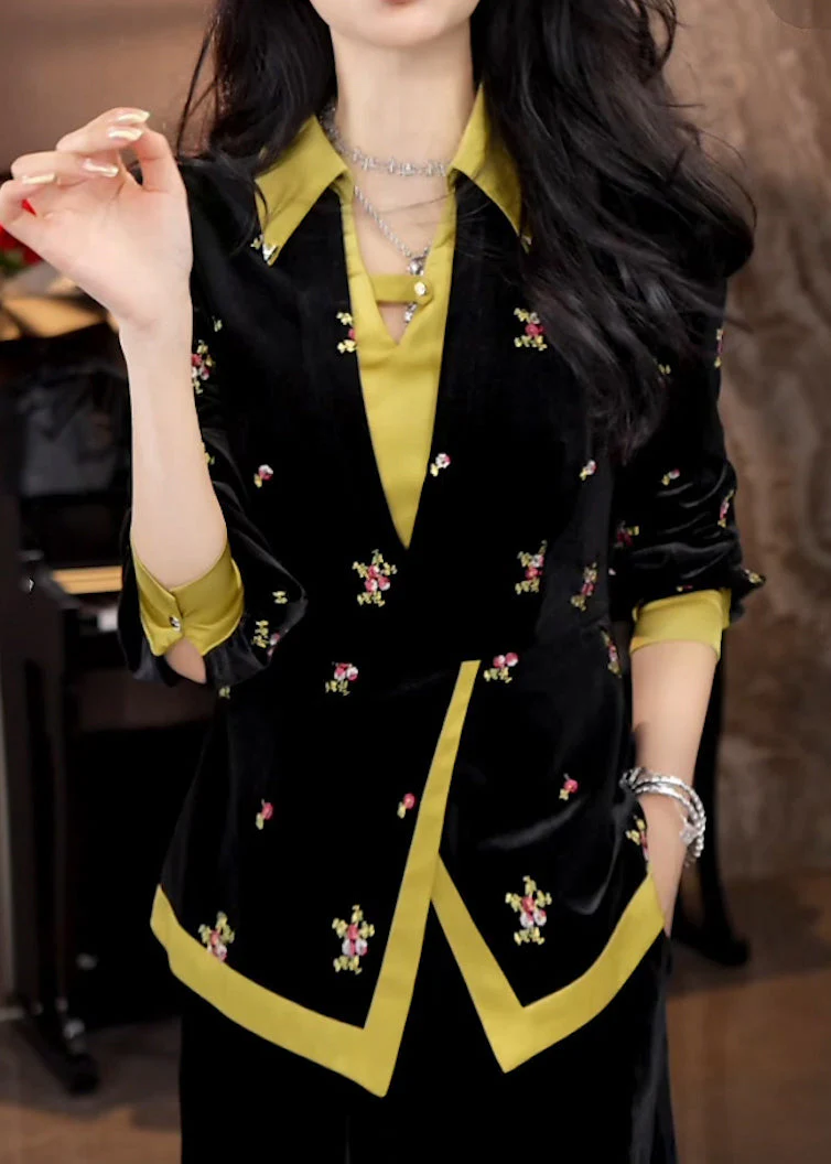 Chinese Style Black Embroidered Chiffon Shirt Tops Spring - Image 2