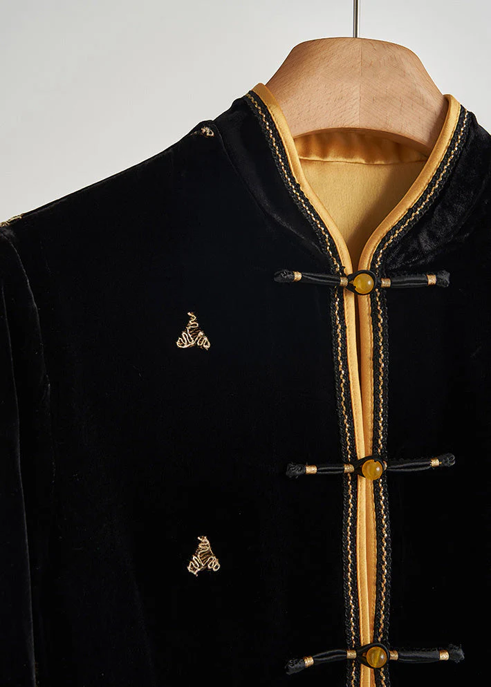 Chinese Style Black Embroidered Chinese Button Silk Velvet Coats Fall - Image 3