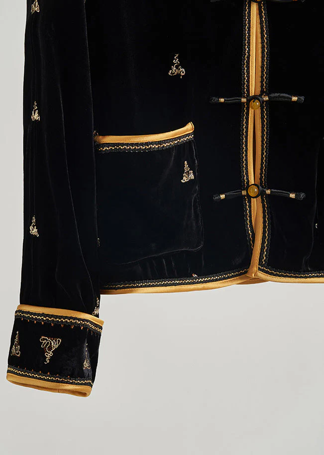 Chinese Style Black Embroidered Chinese Button Silk Velvet Coats Fall - Image 5