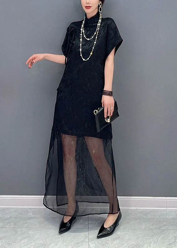 Chinese Style Black Jacquard Tulle Patchwork Silk Long Dress Summer - Image 2