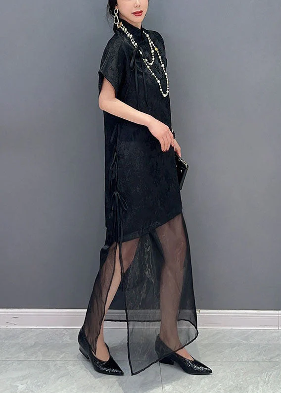 Chinese Style Black Jacquard Tulle Patchwork Silk Long Dress Summer - Image 3