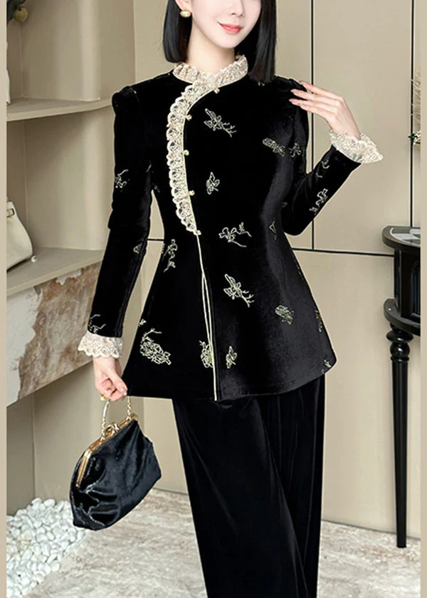 Chinese Style Black Lace Embroidered Velour Set Spring