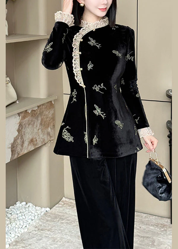 Chinese Style Black Lace Embroidered Velour Set Spring - Image 2