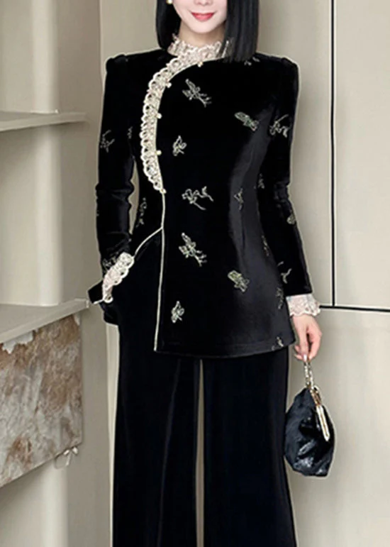 Chinese Style Black Lace Embroidered Velour Set Spring - Image 3