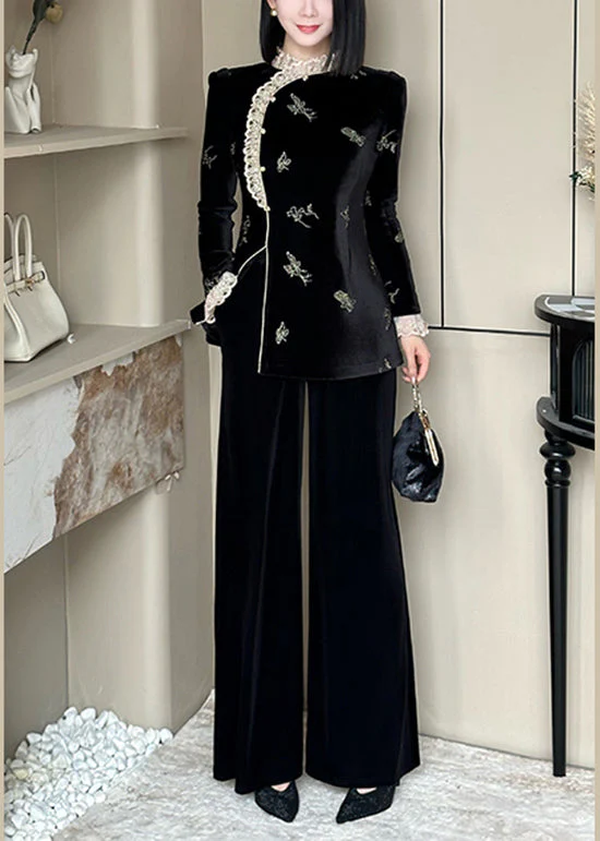 Chinese Style Black Lace Embroidered Velour Set Spring - Image 4
