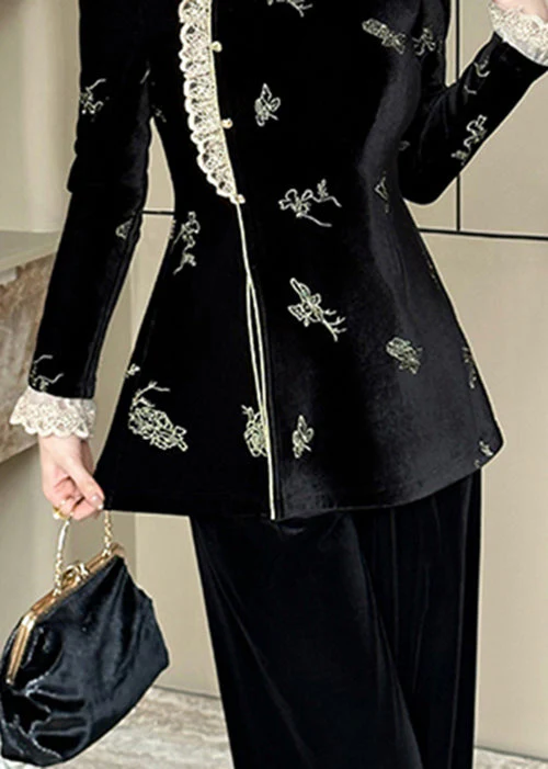 Chinese Style Black Lace Embroidered Velour Set Spring - Image 5