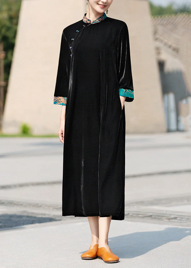 Chinese Style Black Stand Collar Button Patchwork Silk Velour Dress Fall - Image 2
