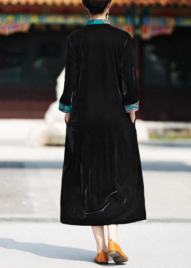 Chinese Style Black Stand Collar Button Patchwork Silk Velour Dress Fall - Image 3