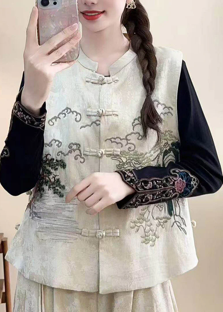 Chinese Style Black Stand Collar Embroidered Pockets Waistcoat Sleeveless - Image 2